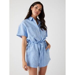 NWOT Fifteen Twenty Blue Linen Blend Belted Short Sleeve‎ Romper Jumpsuit